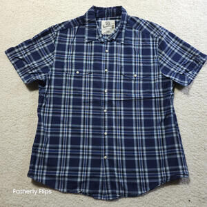 Roebuck & Co Mens L Short Sleeve Pearl Snap Plaid Shirt Blue Navy Cotton western